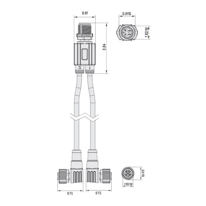 M12 4Pin公头/2M12 3Pin母头90°、带LED灯、Y型预铸防焊渣PUR柔性电缆、黄色护套、64T181-XXX