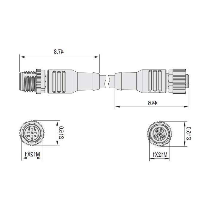 M12 4Pin、母头直型转公头直型、双端预铸PUR柔性电缆、黑色护套、64D181-XXX